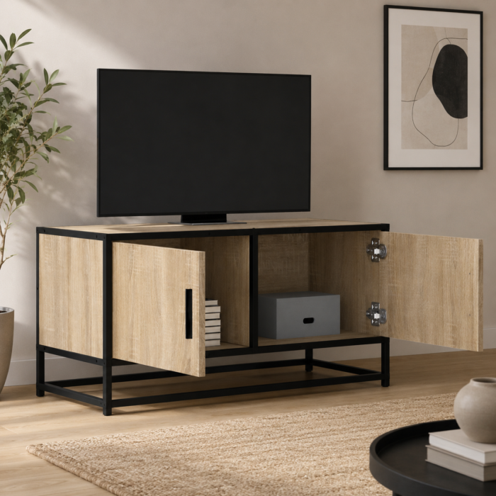 Mueble TV industrial roble Sonoma con estructura metálica negra de 80 cm para salón moderno.