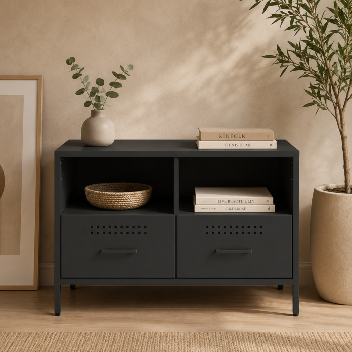 Mueble para TV industrial de acero negro 68x39x50,5 cm